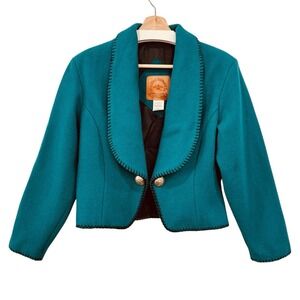 90s Vintage Mid-West Garment Co Turquoise Wool Cropped Jacket Western Cowgirl M
